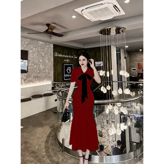 💗 ĐẦM MIDI ĐUÔI CÁ ĐỎ CỔ BẺ PHỐI NƠ TO 💗