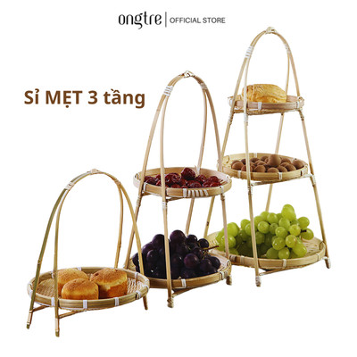 Mẹt Tre 3 Tầng ONGTRE, Kệ Mẹt Tre Đựng Bánh Kẹo, Trái Cây, Thức Ăn, Giá Tre Decor Bàn Tiệc