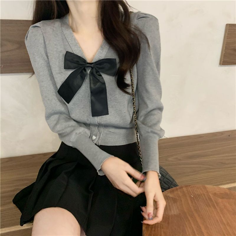 Áo sơ mi len kiểu nữ Cardigan Tay dài Phối nơ Form ôm Cổ V Áo len sơ mi nữ Kiểu dáng Cardigan Dáng ôm