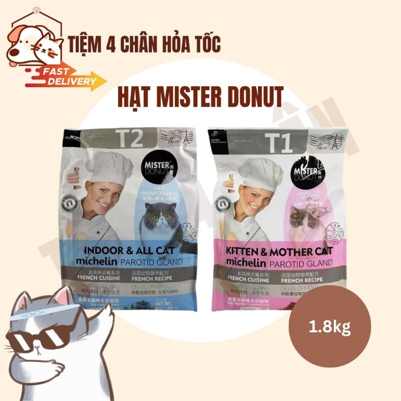 1.8kg - Thức ăn hạt khô Mister Donut T1 T2 cho mèo có topping