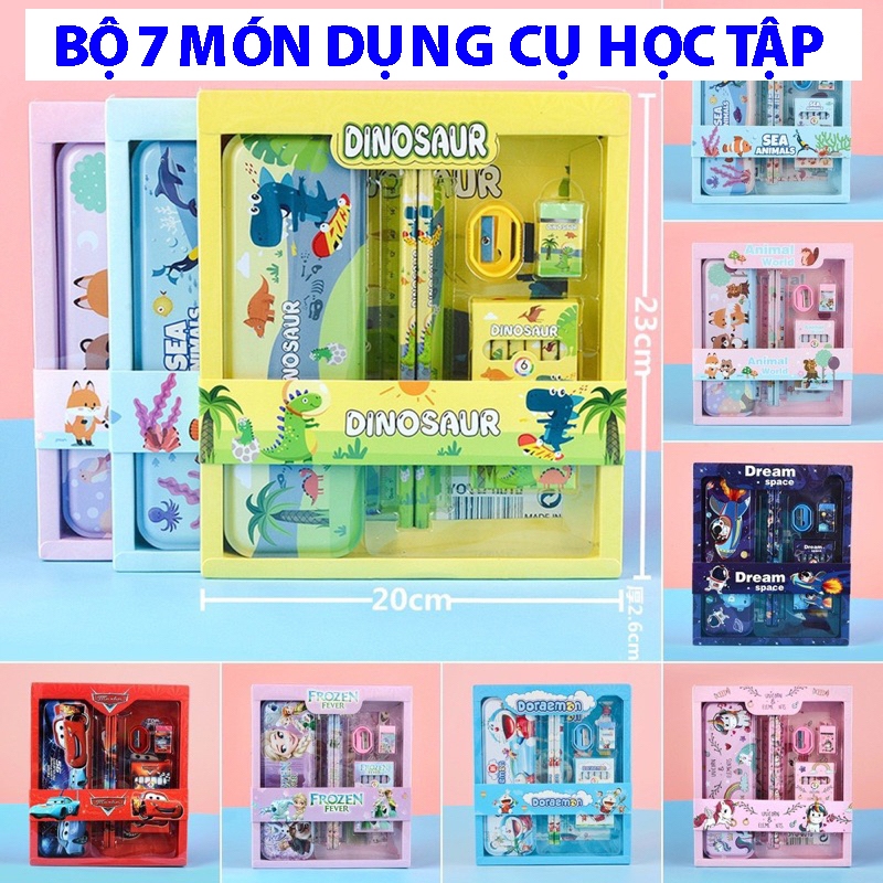 Bộ dụng cụ 7 món học tập cho bé gồm hộp bút, hộp màu, bút chì, thước kẻ, gọt chì, tẩy, mẫu mã đa dạng nhiều mẫu