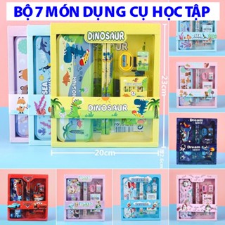 Bộ dụng cụ 7 món học tập cho bé gồm hộp bút, hộp màu, bút chì, thước kẻ, gọt chì, tẩy, mẫu mã đa dạng nhiều mẫu