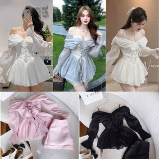 Set áo peplum 2 dây trễ vai đan ngực + quần short kem xám hồng trắng đen
