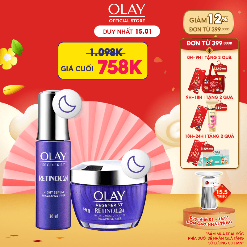 Combo 2: Kem Dưỡng Ban Đêm + Serum Thúc Đẩy Tái Tạo Da, Mờ Nếp Nhăn OLAY REGENERIST Chiết Xuất RETINOL 50G + 30ML