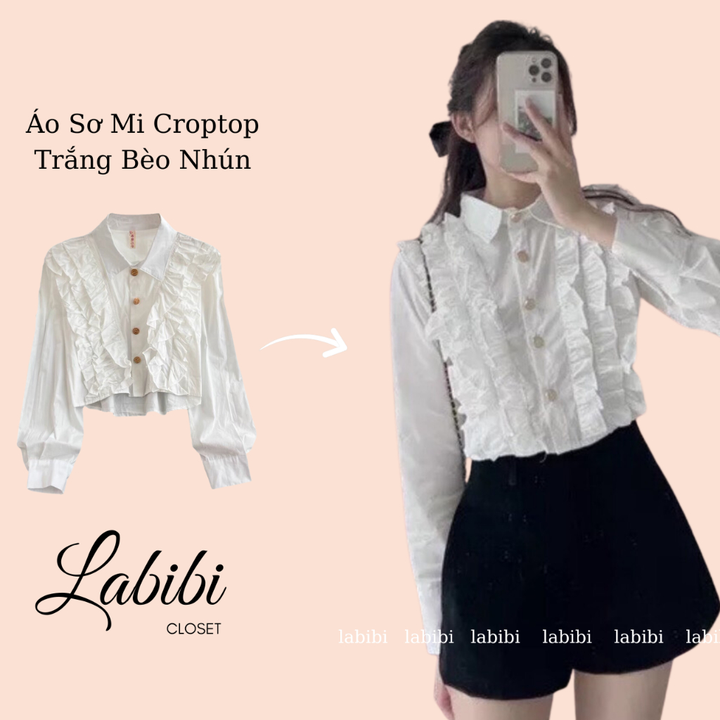 Áo Sơ Mi Croptop Trắng Bèo Nhún Chất Thô Dài Tay Cúc Vàng Sang Chảnh, Labibi