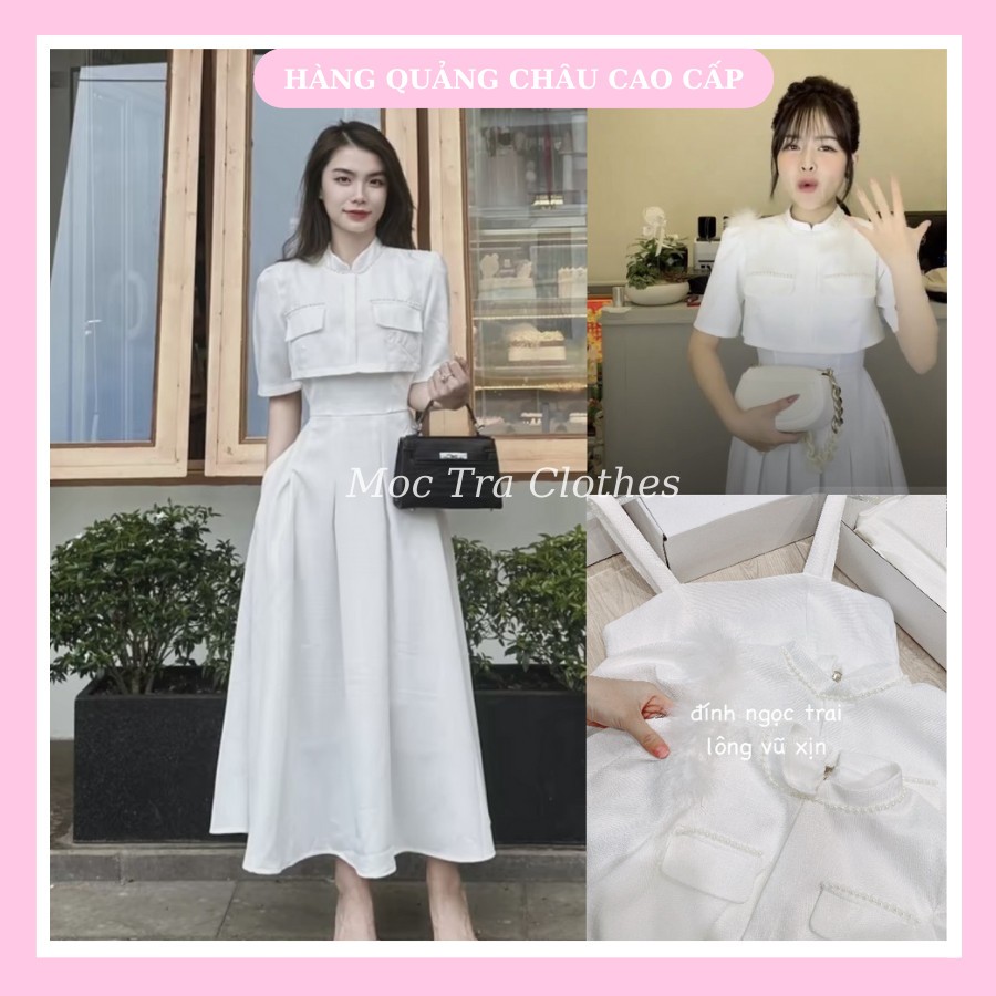 Set dạ tweed trắng Quảng Châu thiết kế phối lông vai tiểu thư, chân váy xòe dài siêu xinh