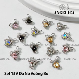 Set 12- 15 viên đá khối nơ đính nail trái tim chữ nhật bo trang trí móng ANGELICA