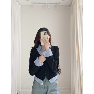 Áo sơmi mix cardigan liền phối kẻ phong cách Hàn quốc