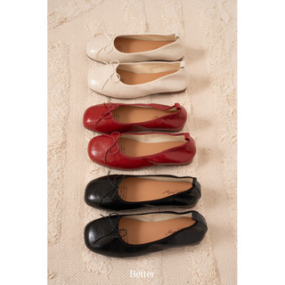Bệt soft grain bowtie flats búp bê mũi vuông da bóng sần, thắt dây nơ mảnh - 181223003
