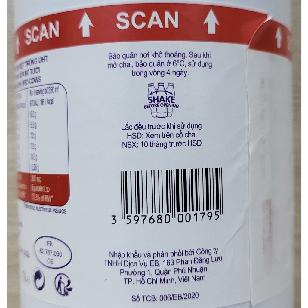 Bình ĐỎ 1 L - SỮA TƯƠI TIỆT TRÙNG NGUYÊN KEM / PHÁP / PROSPERITE UHT Whole Milk