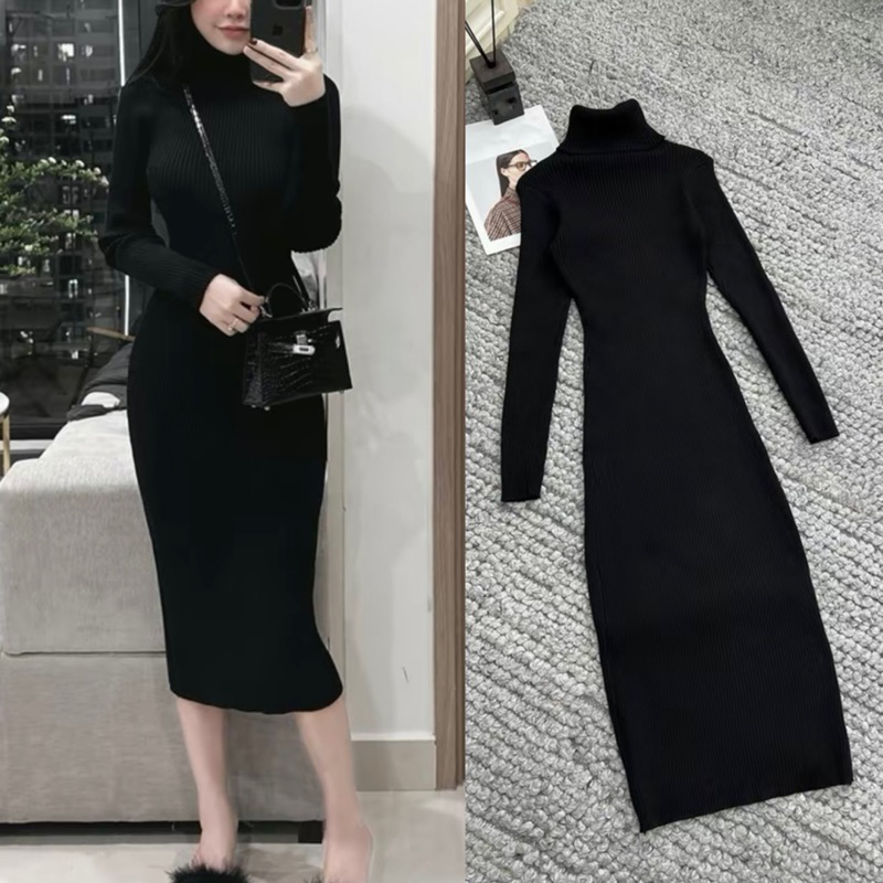 Đầm body len tăm cổ lọ dáng dài chất len qcccc