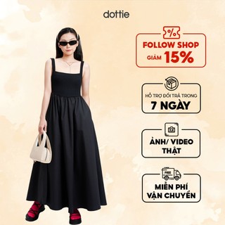 DOTTIE - Đầm midi cổ vuông phối vải - Đen - D0526