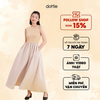 DOTTIE - Đầm midi sát nách phối vải - Kem - D0528