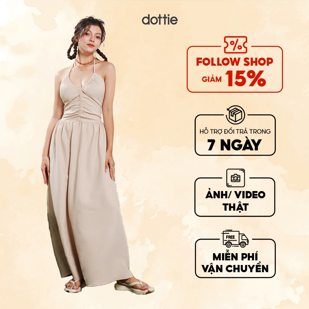 DOTTIE - Đầm midi rút nhún - Beige - D0532