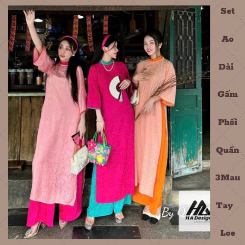 Set Áo Dài Gấm Tay Loe Phối Quần Suông