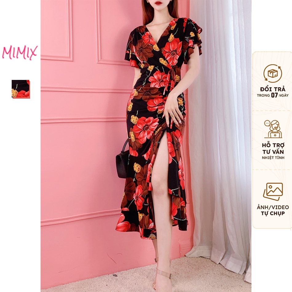 Đầm body hoa tay cánh tiên rút dây đắp chéo xẻ tà MIMIX CR8230