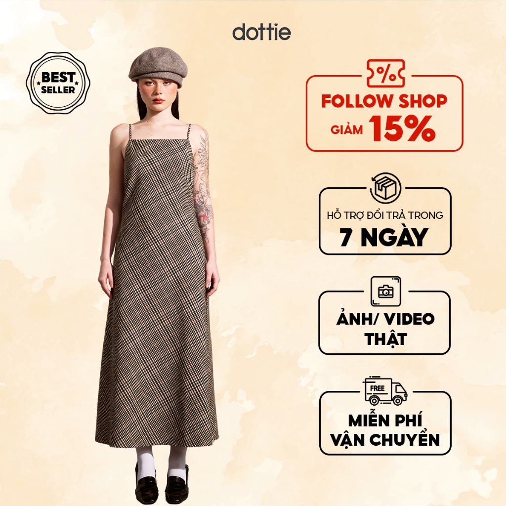 DOTTIE - Đầm midi cổ vuông - Đen - D0544