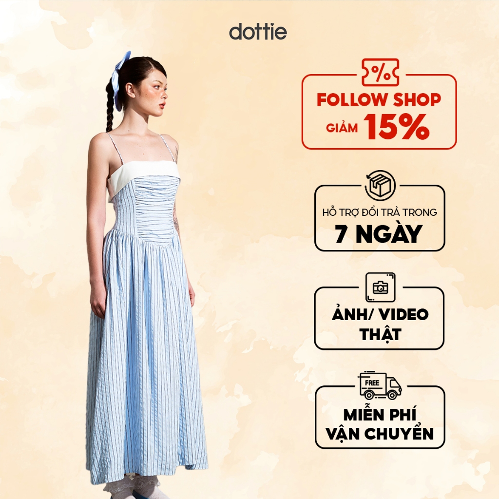 DOTTIE - Đầm midi hai dây xếp nhún - Xanh biển - D0549