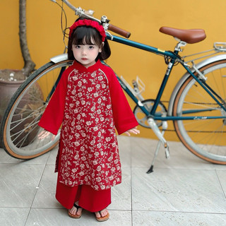 Áo Dài Bé Gái CELINA N03 Áo Dài Cách Tân Cho Bé Gái TẶNG Kèm Bờm Chất Liệu Nhung Text Mềm Mịn Màu Đỏ Hoạ Tiết Hoa