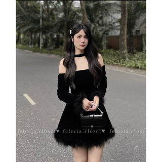 Váy nhung cổ chocker phối tay lông