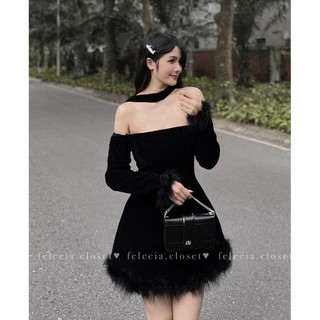 Váy nhung cổ chocker phối tay lông