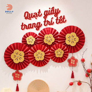 Bộ 6 quạt giấy gấp nhung đỏ sẵn gắn tường, trang trí lớp học, phòng khách, công ty Tết 2024, Tết Nguyên Đán 2024