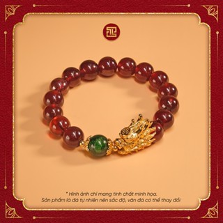 TINH LÂM Vòng Tay Phong Thủy Đá Garnet Lựu Đỏ - Charm Bọc Vàng Kim Long