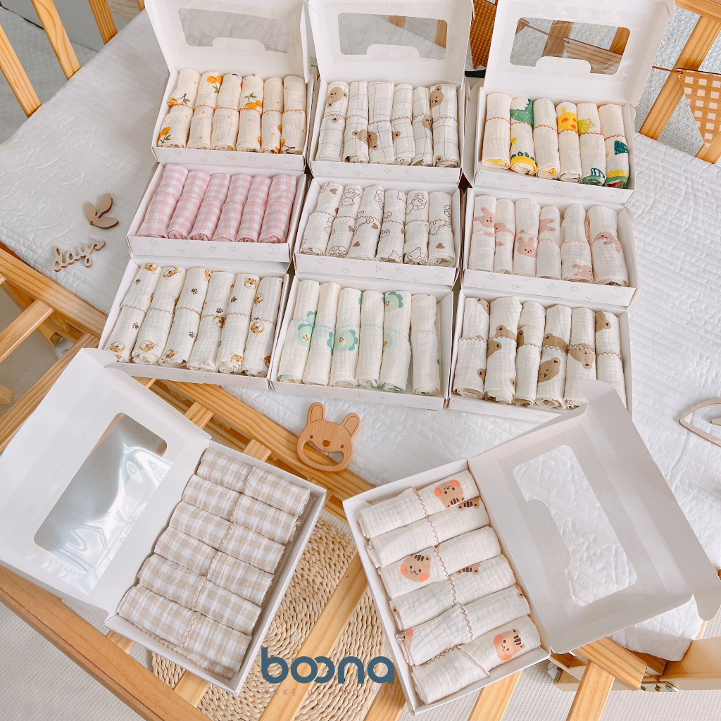 Khăn xô sữa cho bé Boona vải sợi muslin cao cấp, mềm mịn với làn da bé kích thước 30 x 30 cm