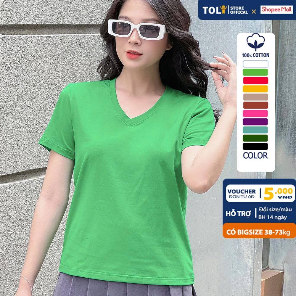 Áo thun cổ tim nữ TOLI màu trơn, vải cotton 4 chiều mềm mịn, dáng suông ôm vừa, đủ size [Ti-04A]