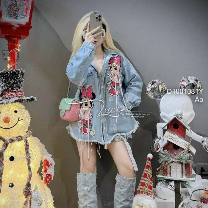 Áo sơ mi jean form rộng tay dài phối hoạ tiết mickey ! TOMBI SHOP