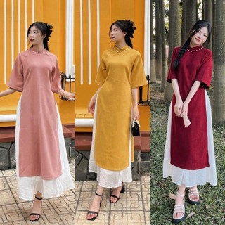 Set áo dài cách tân nhung đính ngọc cổ tay lửng TẶNG kèm chân váy, áo dài Tết 2024