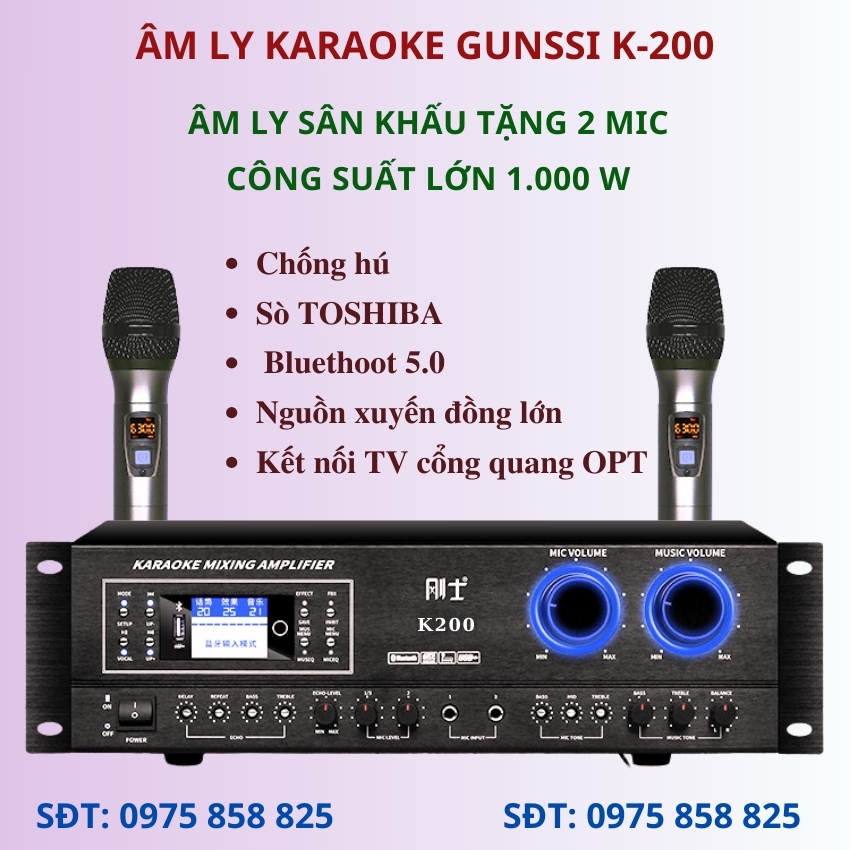 Đẩy liền vang tặng 2 mic, Âm ly karaoke bluetooth Gunssi K 300 công suất lớn