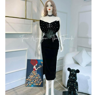 VÁY NHUNG BÚT CHÌ VẠT XẺ BÊN ĐÍNH NƠ HẠT PHỐI CHOCKER 110124