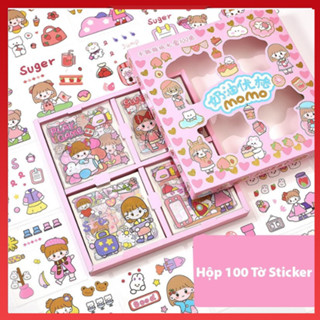 Hộp 100 tấm sticker dễ thương,set sticker cute trang trí dán tập vở, bình nước, bút nước thiết kế đơn giản và tiện dụng