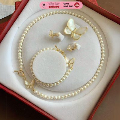 Bộ Trang Sức Ngọc Trai 6ly Khoá Hình Bướm Khảm Xà Cừ Dễ Thương, Xinh Xắn - Ngọc Trai Trường Thịnh
