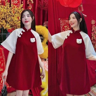ĐẦM NHUNG CỔ TÀU PHỐI TAY TƠ LỠ KÈM GẤU TRẮNG NEW ( ĐẦM DIỆN CHƠI TẾT )
