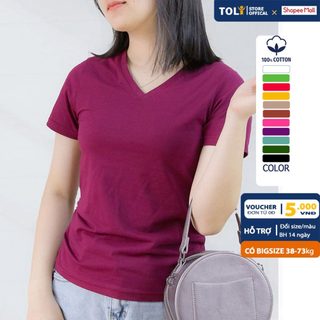 Áo thun cổ tim nữ TOLI màu trơn, vải cotton 4 chiều mềm mịn, dáng suông ôm vừa, đủ size 