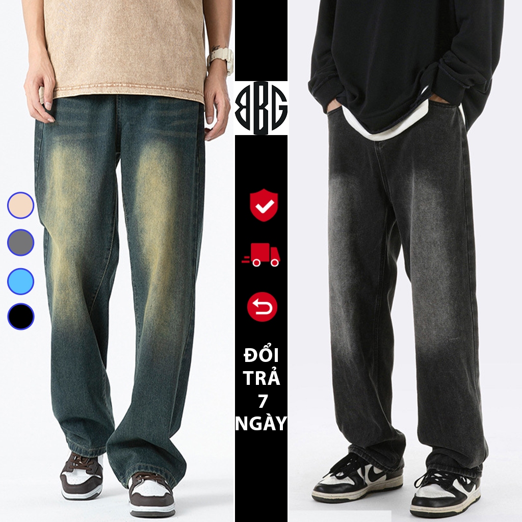 Quần Bò jean baggy suông nam Xanh Đen vàng Wash RETRO ống rộng xuông cạp cao xu hướng Avocado