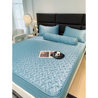 Bộ ga gối phi lụa chần bông vân tim, drap giường phi lụa, sét 4 món ga gối kèm vỏ gối ôm phi lụa chần bông cao cấp