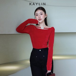 Áo thun tay dài trễ vai phối hoa chất vải thun nhung phong cách KAYLIN - N2170