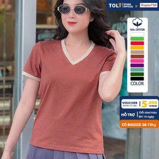 Áo thun cổ tim nữ TOLI màu trơn, vải cotton 4 chiều mềm mịn, dáng suông ôm vừa, đủ size 
