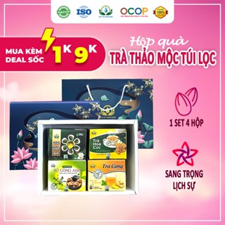Set quà 4 Hộp trà túi lọc: hoa cúc, gừng, tâm sen, bồ công anh Siêu thị thiên nhiên giúp an thần - Hộp quà biếu tặng 28