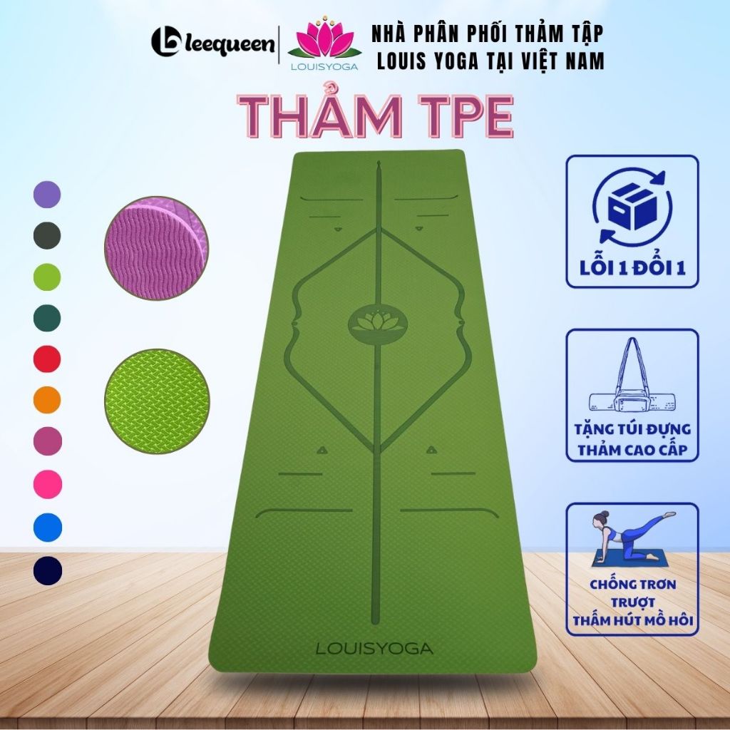 Thảm tập yoga TPE 1 lớp hàng loại 1 có định tuyến hãng Louis Yoga - Tặng kèm túi đựng thảm cao cấp