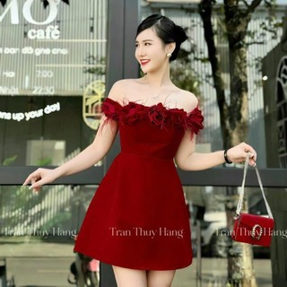 Váy nhung đỏ đen trễ vai kết hoa ngực, Váy bánh bèo dáng ngắn chất nhung cao cấp chuẩn from