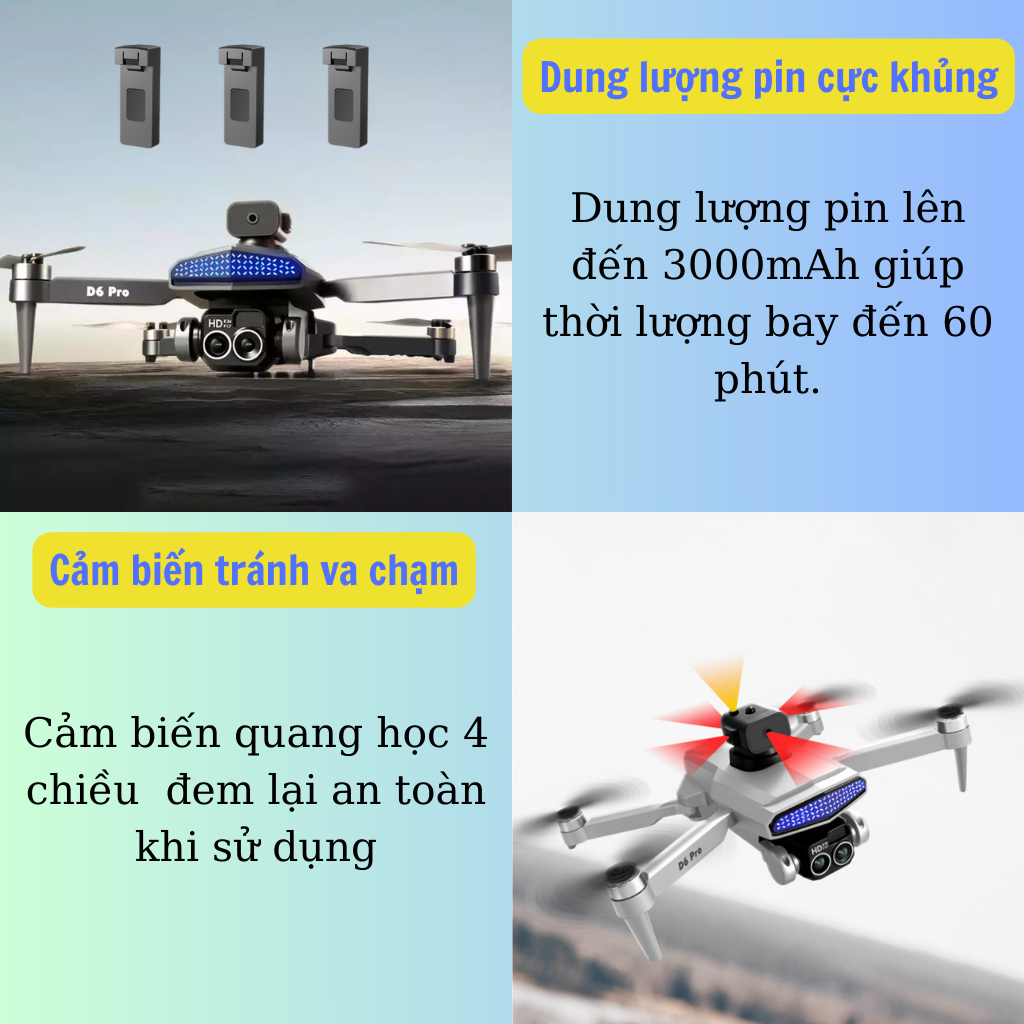 Máy bay điều khiển từ xa D6 thế hệ mới, Flycam động cơ không chổi than 2 camera kép full HD - cảm biến va chạm - pin 30p | BigBuy360 - bigbuy360.vn