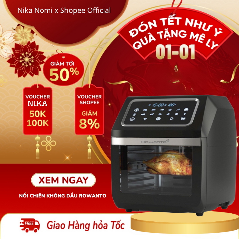 Nồi Chiên Không Dầu Rowanto RT-AF1202, dung tích 12L, đầy đủ phụ kiện, Giảm 98% lượng mỡ thừa, bảo hành 2 năm
