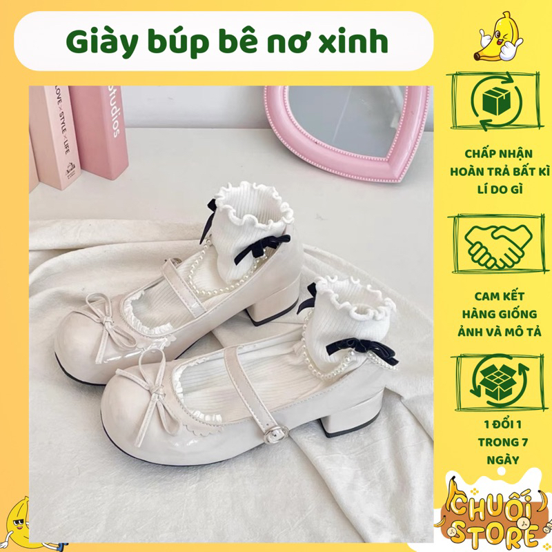 Giày búp bê dáng lolita cao 4cm nơ ren dễ thương hợp nhiều outfit đi học đi chơi