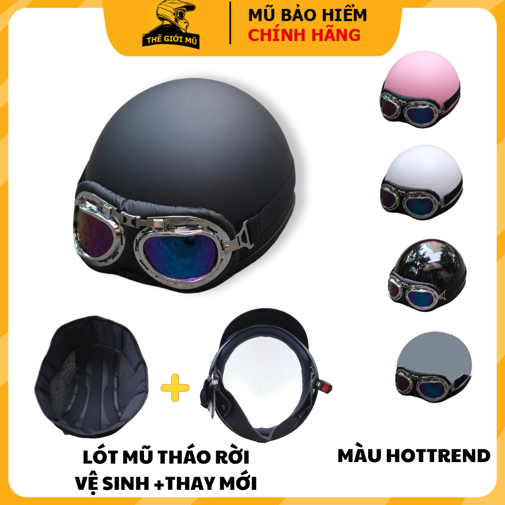 Mũ bảo hiểm nửa đầu Cao Cấp Tháo Lót vệ sinh,nón bảo hiểm 1/2 kèm kính phi công,uv hot trend_mẫu mới nhất năm 2024