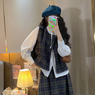 Set Xanh Áo Gile + Chân Váy Dài Kẻ Sọc Caro Cổ Điển Retro Phong Cách Vintage Nữ Tính LEMONA.VN