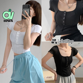 Áo Croptop TAY NGẮN CỔ VUÔNG NÚT BẤM Phối Cuốn Biên, Áo Thun Crt Kiểu Sexy Ôm Body Nữ Chất Gân IOWA